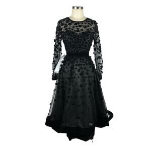 MAC DUGGAL‎ 67007 Black Floral Embellished Illusion High Neck Fit Flare Dress 0